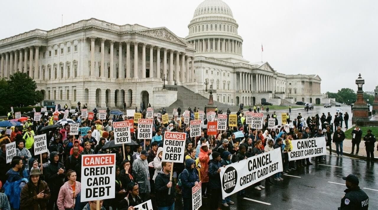 Demonstrators outside the U.S. Capitol holding signs about credit card debt